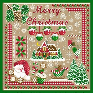 Op de afbeelding: Een kruissteekpatroon met een winterscène met een rood-wit geruite rand. Het patroon bevat een peperkoekhuis, een sneeuwpop, een kerstboom en een slee. De tekst "Merry Christmas" staat bovenaan het patroon. Copyright 2017 Sugar Stitches Design.