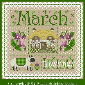 Maart maandelijkse Sampler Cross Stitch Chart PDF