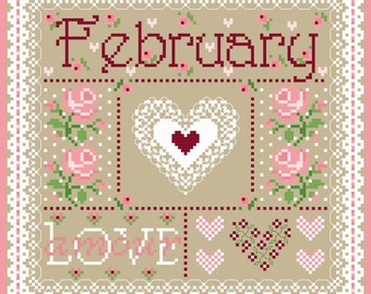 February Monthly Sampler Cross Stitch Chart PDF
