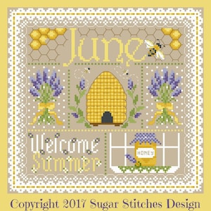 Juni maandelijkse Sampler Cross Stitch Chart PDF