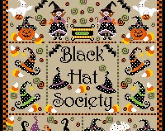 Black Hat Society Halloween Cross Stitch Chart Instant Download