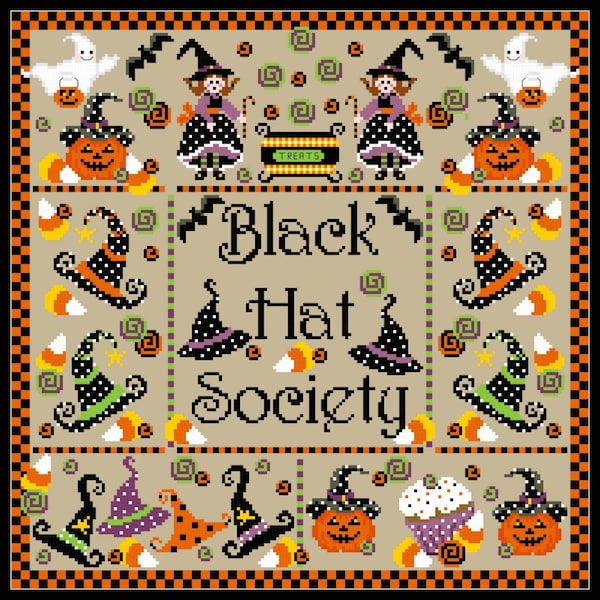 Black Hat Society Halloween Cross Stitch Chart Instant Download