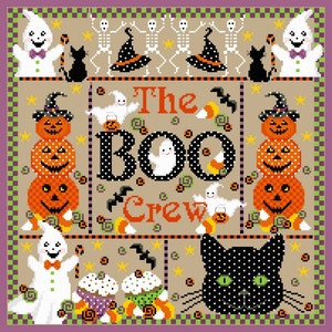 May include: A cross-stitch pattern featuring a Halloween theme with ghosts, pumpkins, bats, candy corn, and a black cat. The text "The BOO Crew" is featured in the center of the design.