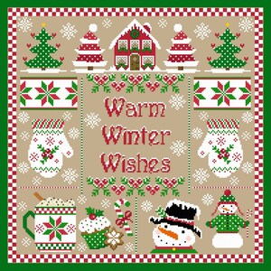 Op de afbeelding: Een kruissteekpatroon met een winterscène met een rood huis, sneeuwpoppen, een mok warme chocolademelk, een peperkoek, een cupcake en een want. De tekst "Warm Winter Wishes" staat in het midden van het ontwerp. Copyright 2018 Sugar Stitches Design.