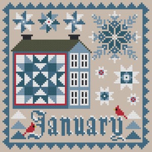 May include: A cross-stitch pattern on a beige background featuring a house with a blue quilt design, a large snowflake, smaller star motifs, and the word JANUARY in blue letters. Two red cardinal birds are perched near the text and snowy hills.