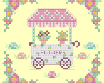 Bunny Trail Flower Cart Easter Cross Stitch PDF chart
