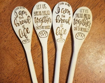 Christian wood burned spoons, gifts for her, stocking stuffers, kitchen essentials. Farmhouse kitchen decor, bread of life, break bread,
