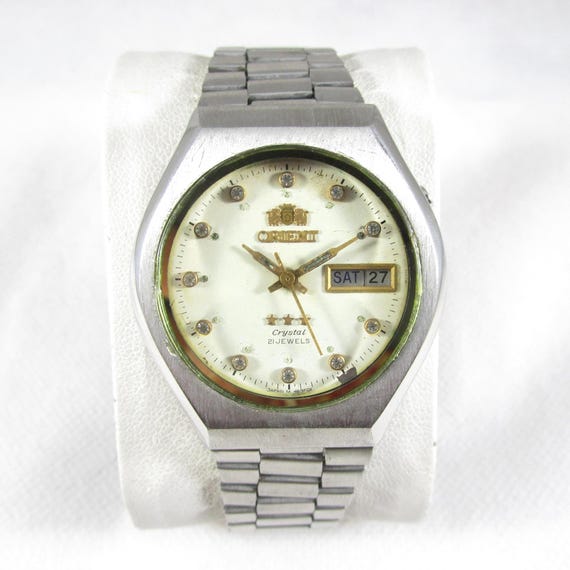Original Vintage ORIENT Crystal 21 JEWELS Watch Day-date Steel