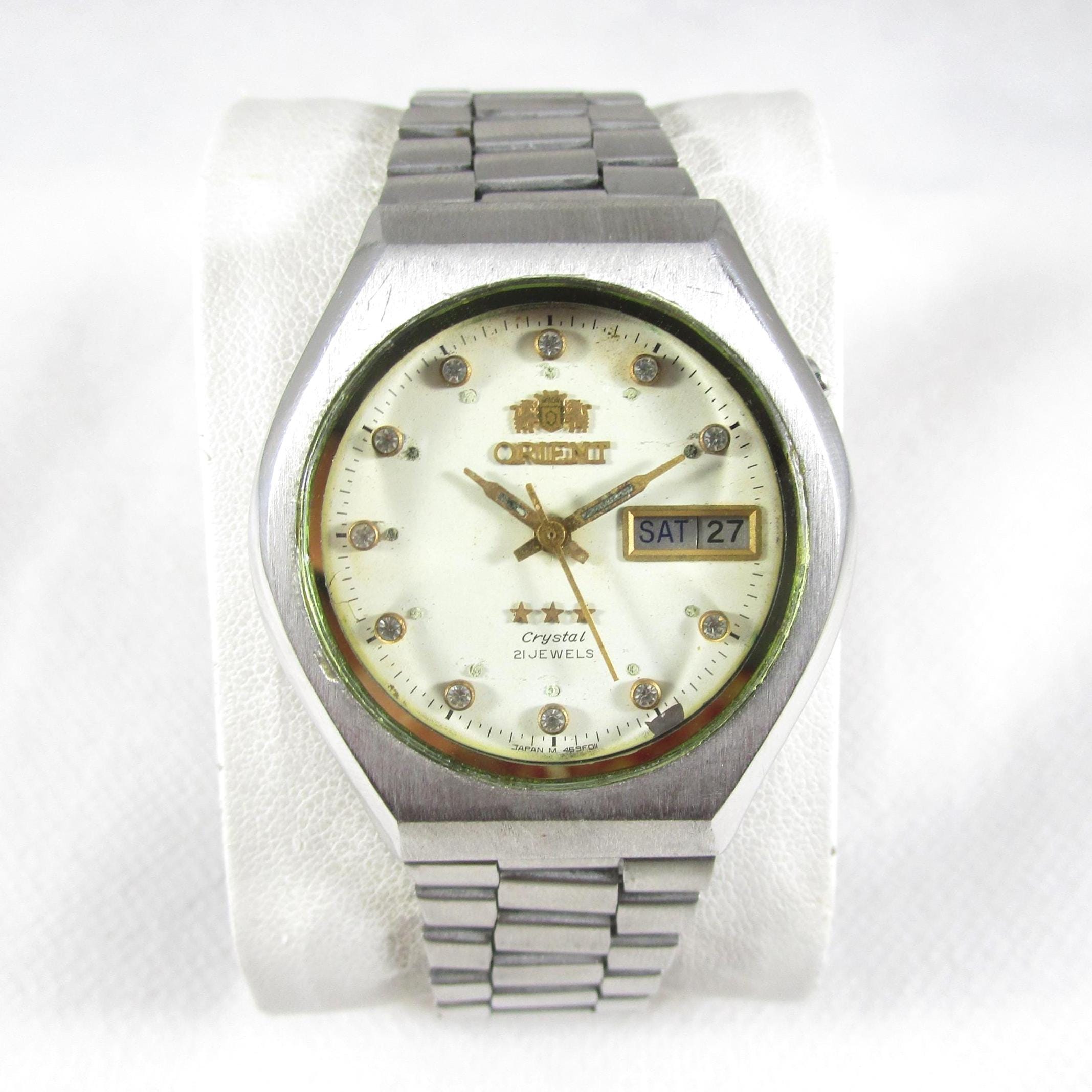 Original Vintage ORIENT Crystal 21 JEWELS Watch Day-date Steel