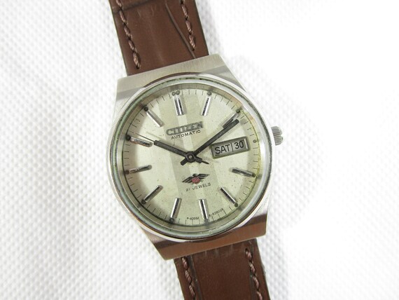 Montre Citizen Vintage – 21 Rubis, Mécanique, Avec Alarme Et Date – Cadran Chrome Et Noir