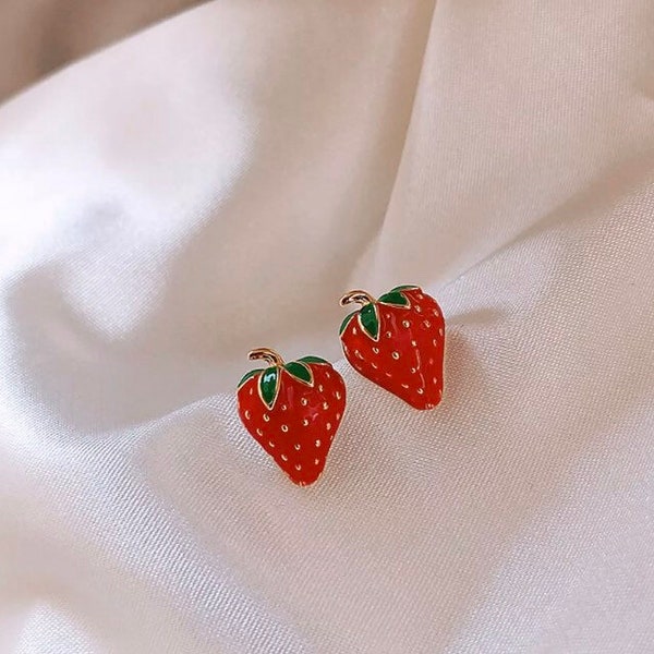 925 Silver Post Strawberry Earring Studs , Strawberry Studs, Fruit Earrings