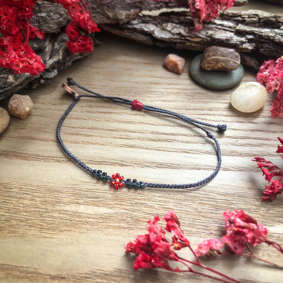 thumbnail image 2 of Rinhoo Red Rose Flower Bead Braided Rope Bracelet Adjustable Crystal Women's Jewelry 2 of 6