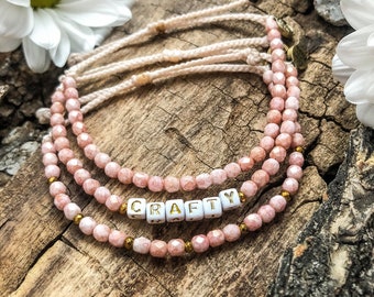 BLOSSOM custom adjustable pink bead bracelet, customizable word bracelet, gift for hiker, gift for outdoorsy mom, gift for nature lover