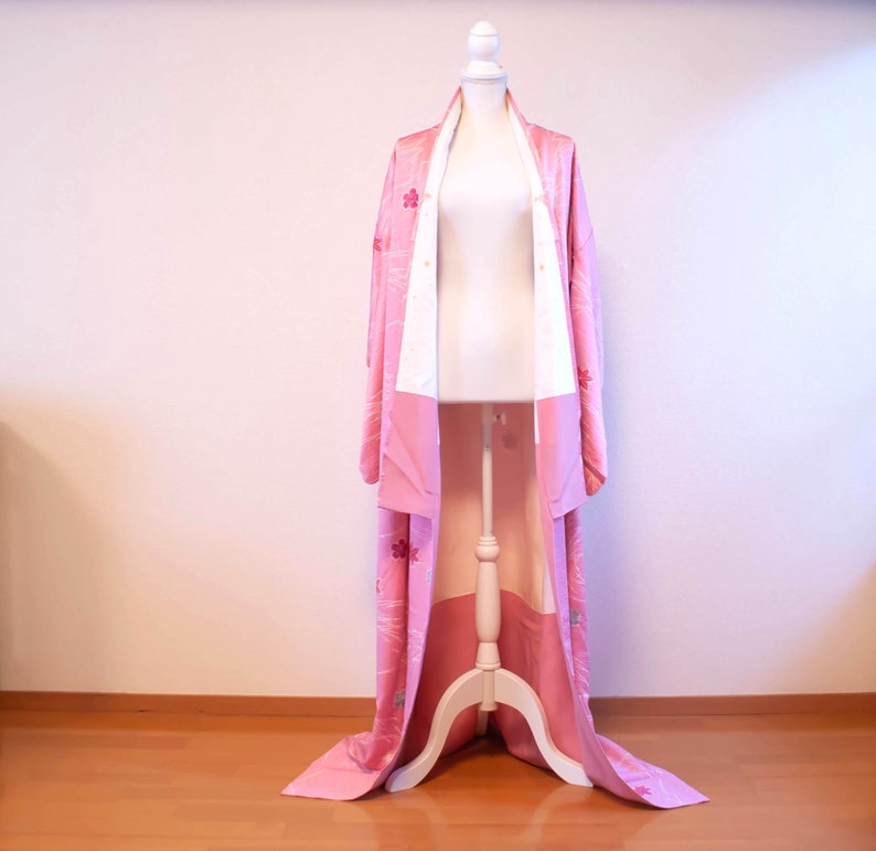 Pink flower komon silk kimono vintage kimono dress
