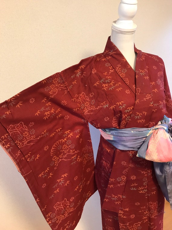 Rose red vintage kimono, Japanese vintage kimono,a