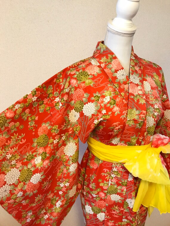Red vintage kimono, komon kimono, Japanese kimono