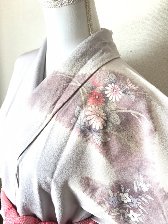 Many flowers silk kimono / tsukesage / purple kimo
