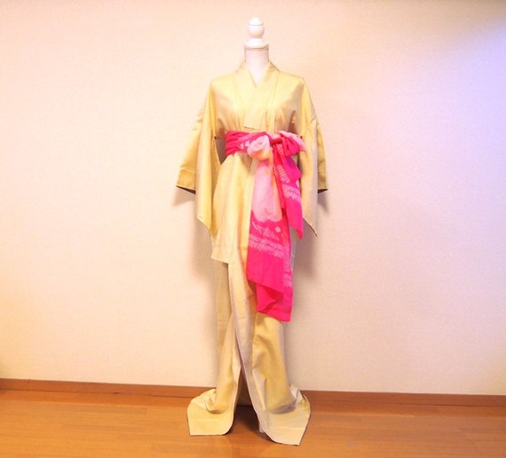 custard color kimono / silk tsumugi kimono / japan