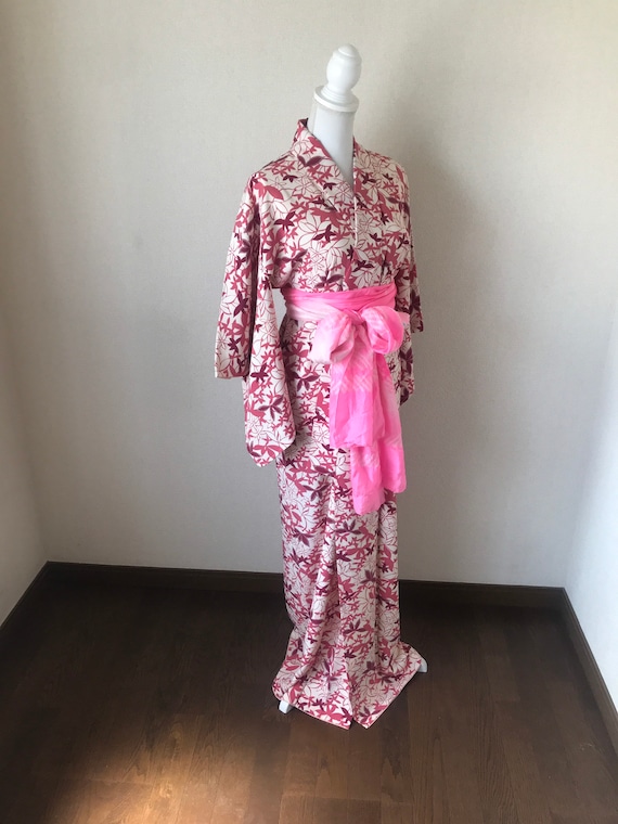 Kimono/Japanese kimono/Pink/leaf/silk kimono/kimo… - image 8