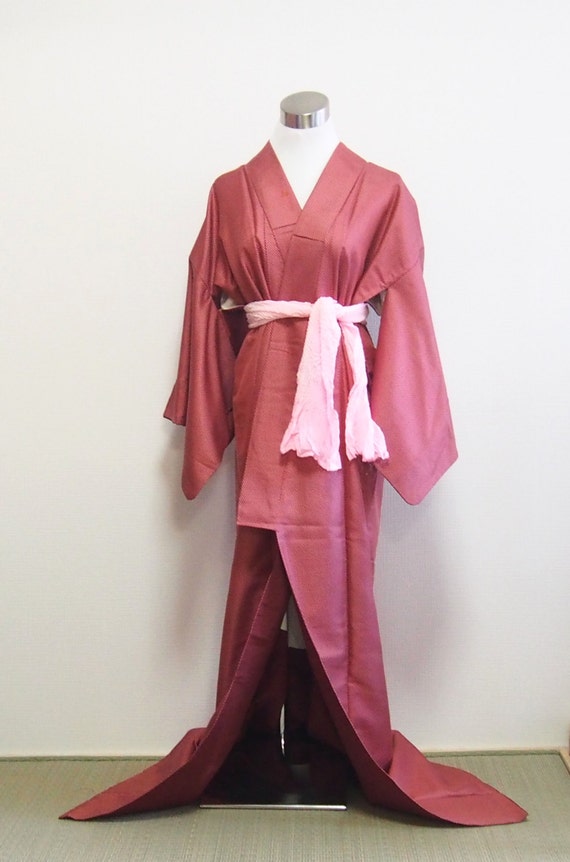 Red kimono,vintage kimono robe,silk tsumugi, kimon
