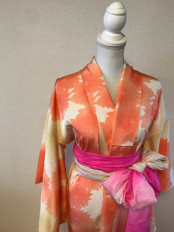 Yellow gradation with Orange flowers silk kimono /