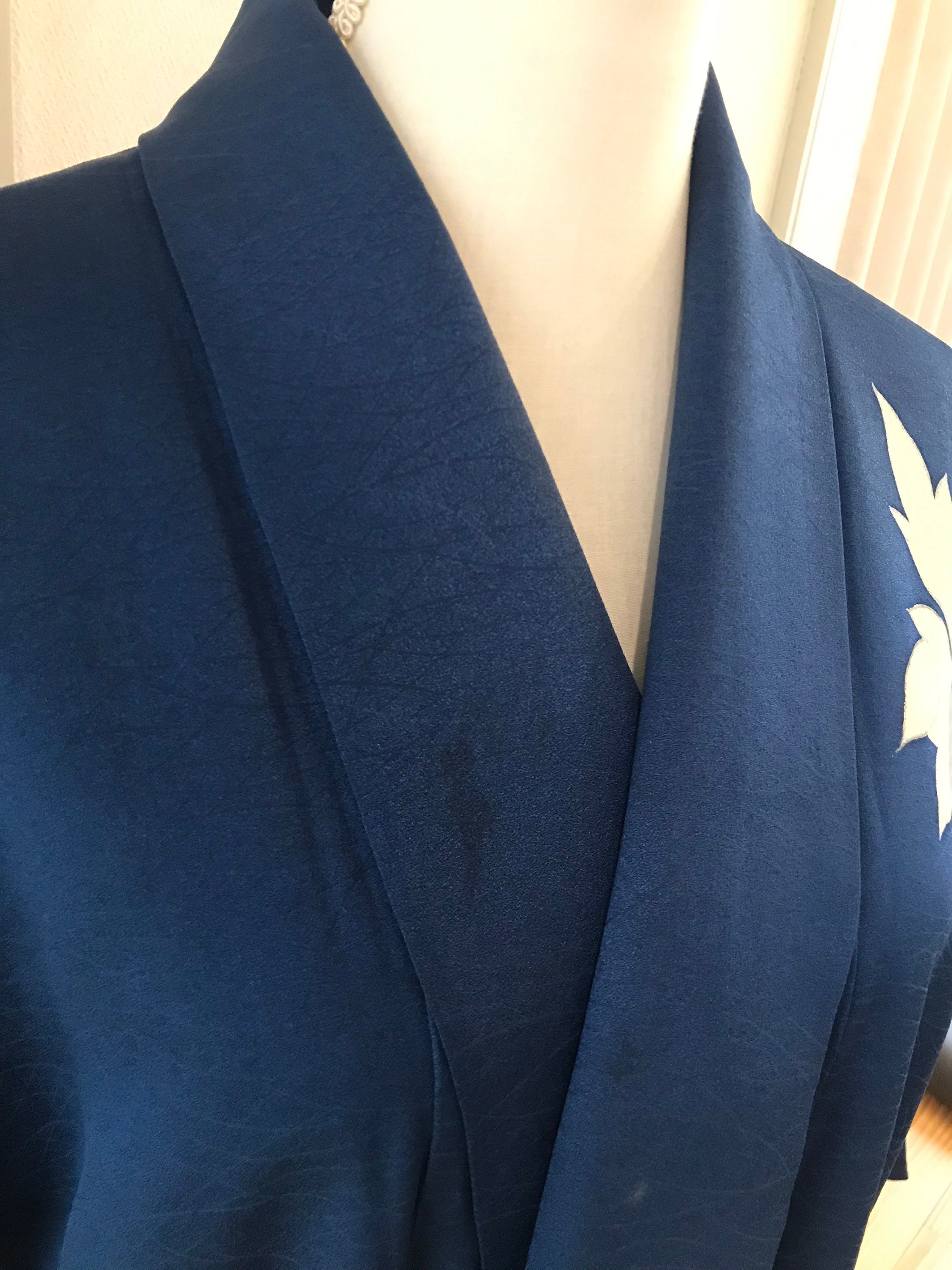 Silk Kimono/blue With White Flower/robe/japanese Traditional