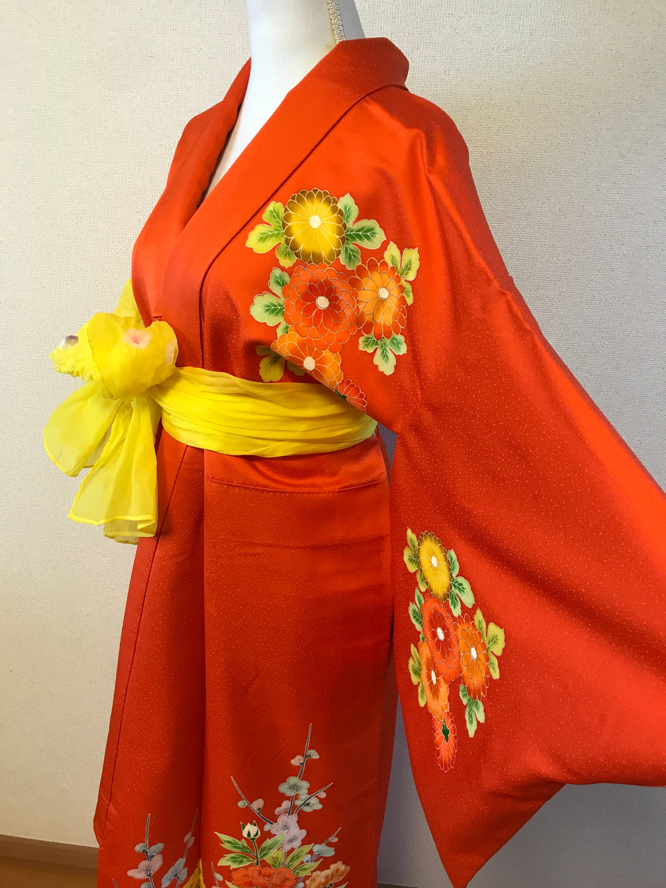 Kimono/japanese Kimono/tsukesage/orange/flowers/ Silk Kimono/kimono