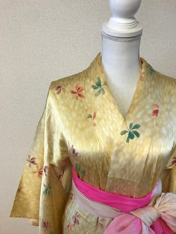 Vintage silk yellow Kimono Decorated with Butterfl