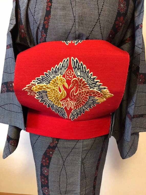 Birds,Red obi,Obi belt,obi for kimono,vintage kimo