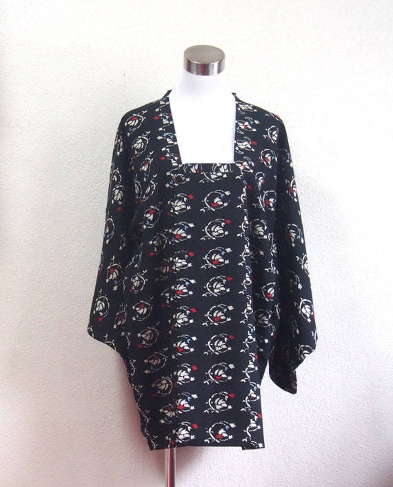 Black kimono coat with red & blue/ vintage kimono… - image 1