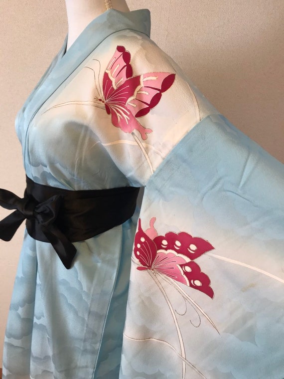 Silk kimono,vintage kimono,Blue kimono,butterfly,F