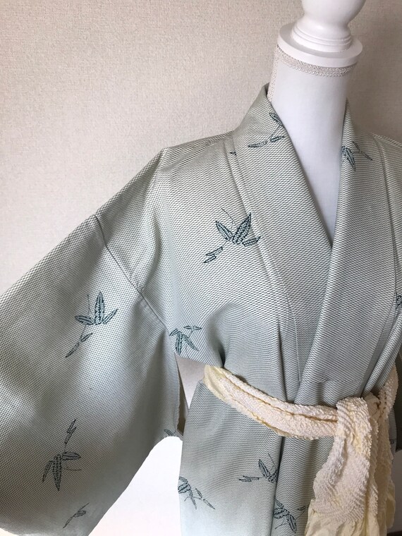 Green silk kimono / bamboo pattern / vintage silk