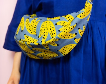 Banana Print Denim Sling Bag, Round Crossbody Bag