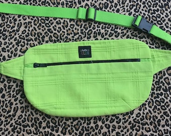 Bright Green Twill Cotton Bum Bag, Neon Green Lining