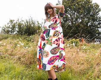 Vibrant Leaf Print Smock Dress with Pockets, Handmade UK