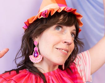 Party Hat, Pink and Orange hat, Hat with frilly brim