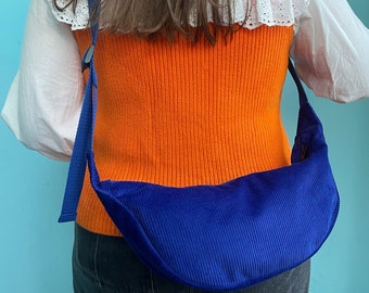 Blue Corduroy Sling Bag, Monochrome Blue Bag, Round Shoulder Bag, Crossbody Bag
