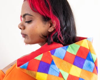 Reversible hood, hood and scarf, Red jersey and harlequin fleece