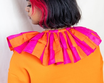 Orange and Pink Striped Frilly collar, Detachable Collar