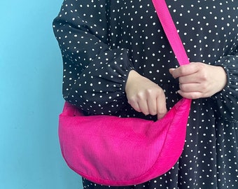 Pink Corduroy Sling Bag, Monochrome Pink Bag, Round Shoulder Bag, Crossbody Bag