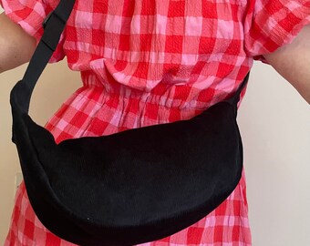 Black Corduroy Sling Bag, Monochrome Black Bag, Round Shoulder Bag, Crossbody Bag