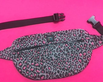 Leopard Print Bum Bag, Grey and Pink, Belt Bag, Festival Wear, Crossbody Bag