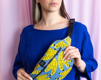 Banana Print Denim Bum Bag, Adjustable Crossbody Belt Bag