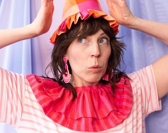 Party Hat, Pink and Orange hat, Hat with frilly brim