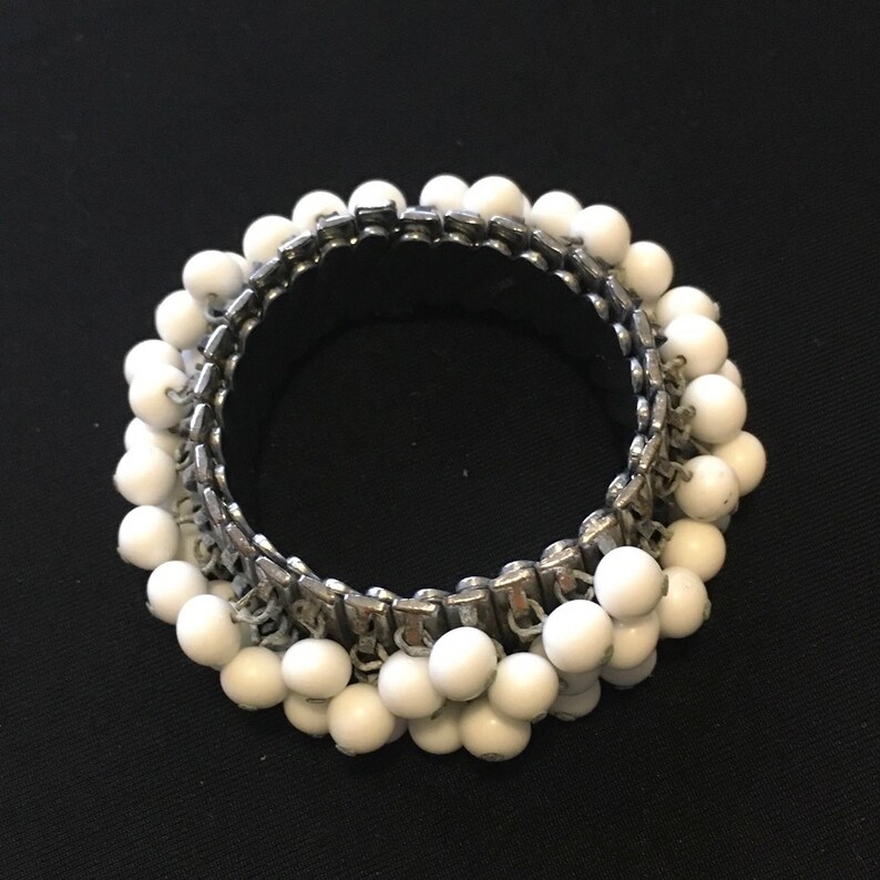 REDUCED Late 50s Expandable White Milk Glass and Silvertone Cha Cha Bangle