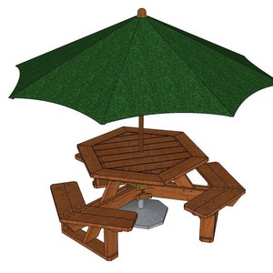 Puede incluir: Una mesa de picnic hexagonal de madera con una sombrilla verde. La mesa tiene seis bancos que se pueden girar alrededor de la mesa.