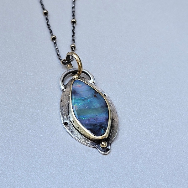 Solid Boulder Opal, Rainbow Colors, 22k Gold, Sterling Silver, Pendant, Adjustable Length