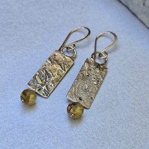 Rectangular Textured Dangle Earrings, Sterling Silver, Faceted Golden Pearl Accent