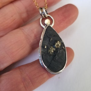 Black Slate and Pyrite Necklace, Sterling Silver, 14K Gold, Adjustable Length