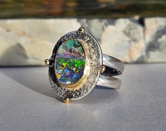 Solid Boulder Opal, Sterling Silver, 22K Gold, Australian Boulder Opal, Size 8 1/2